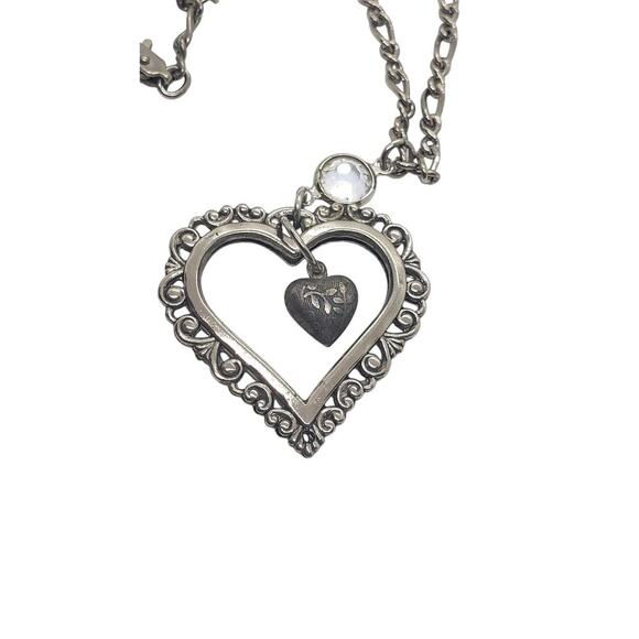 Vintage Puffy Heart Necklace Silver Filigree Ornate Openwork Swarovski Crystal - Picture 3 of 9